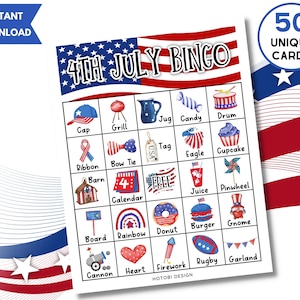 50 cartes de bingo uniques du 4 juillet, jeu de bingo patriotique, activité pour le jour de l'indépendance pour enfants, adolescents et adultes, jeu pour la classe, téléchargement immédiat