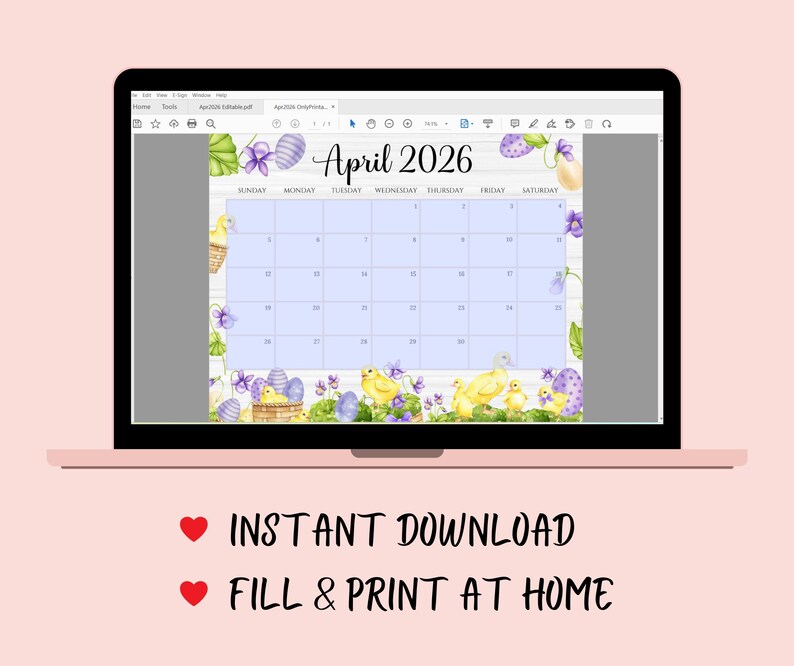 Calendario de abril de 2026 editable / Planificador mensual imprimible
