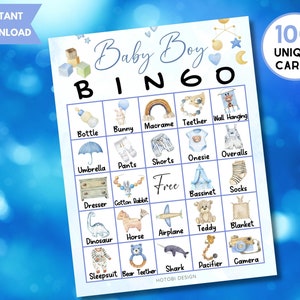 100 bingospelkaarten babyjongen, aquarel blauw esthetiek, babybingogames, afdrukbare babyshowerspelkaarten met label, direct downloaden