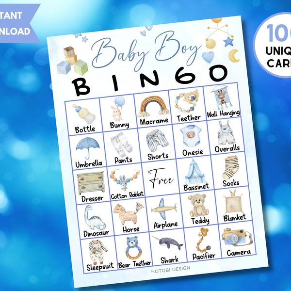100 Baby Boy Bingo Game Cards, Watercolor Blue Aesthetic, Baby Bingo Games, Printable Baby Shower Game Cards w/Label, Instant Download