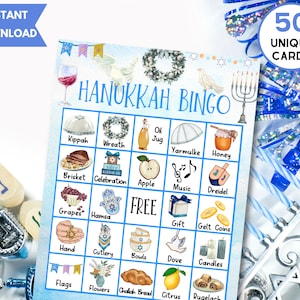 Jeu de bingo à Hanoucca à imprimer, 50 cartes de bingo uniques avec étiquettes, activité de Hanoucca pour enfants, adolescents et adultes, jeux de société pour la famille de Hanoucca