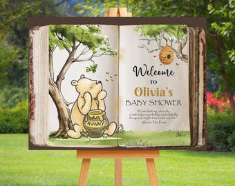 Winnie The Pooh Baby Shower Welcome Sign, Classic Winnie The Pooh Birthday Welcome Poster, Entrance Door Decorations, Digital, EDITABLE