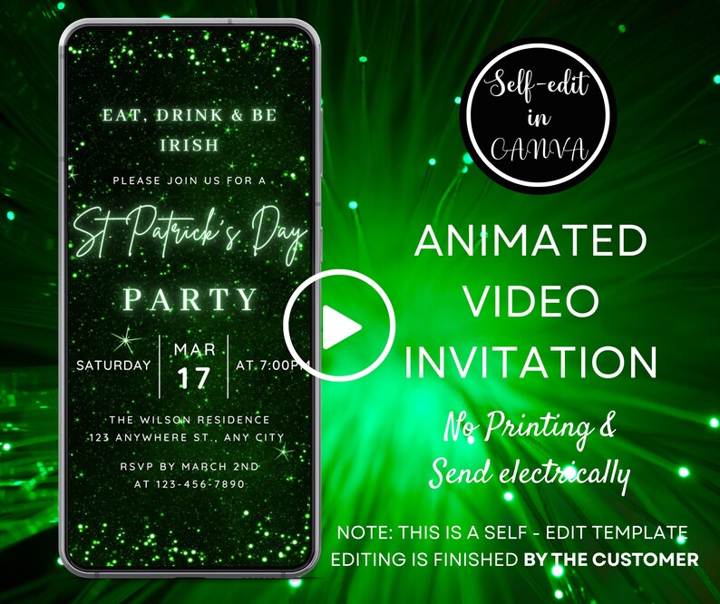 Neon St Patrick's Day Party Video Einladung, Eat Drink & Be Irish, Animierte St Patrick's Day Dinner Evite, Telefon Einladung Canva Template Bild 1
