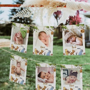 Tarjetas editables de hitos mensuales de Winnie the Pooh, pancarta fotográfica clásica del oso Pooh, primer año del bebé, decoración de cumpleaños, descarga instantánea