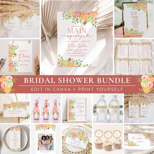 May include: A selection of bridal shower stationery featuring a citrus fruit and floral design. Includes invitations, table cards, food labels, and thank you tags. The text "Bridal Shower Bundle" is displayed prominently.