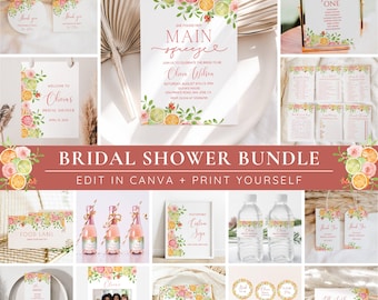 She Found Her Main Squeeze Bridal Shower Invitation Bundle, Citrus Bridal Shower Invite Template Floral Orange Summer Bridal Brunch EDITABLE