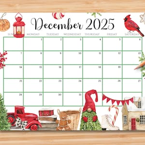 EDITABLE December 2025 Calendar, Colorful Christmas with Cute Gnome, Printable Monthly Calendar for Kids School Home Office Work, Digital