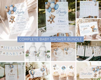 We Can Bearly Wait Baby Shower Invitation Bundle, Blue Teddy Bear Balloon Boy Baby Shower, Editable Canva Template, Instant Download