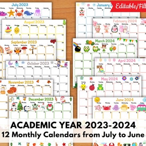 Editable school calendar 2023-2024 from july to june, back to school,  printable monthly kids schedule, homeschool classroom calendar - etsy