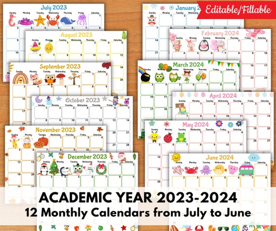 EDITABLE School Calendar 2023-2024 From July to June, Back to School, Printable  Monthly Kids Schedule, Homeschool Classroom Calendar - Etsy