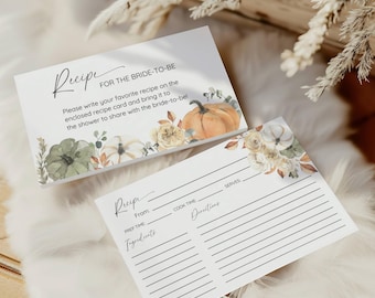 Fall in Love Bridal Shower Recipe Card, Editable Autumn Floral Pumpkin Wedding Shower Insert Cards, Printable, Instant Download