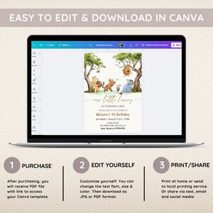 May include: Editable Winnie the Pooh themed birthday invitation template in Canva. The invitation features a watercolor illustration of Winnie the Pooh, Piglet, Tigger, and Eeyore in a forest setting. The text on the invitation reads "Our little honey is turning one. Please join us to celebrate William's 1st Birthday. Saturday, August 6th | 5-8pm. [Address]. RSVP to [Phone Number]."