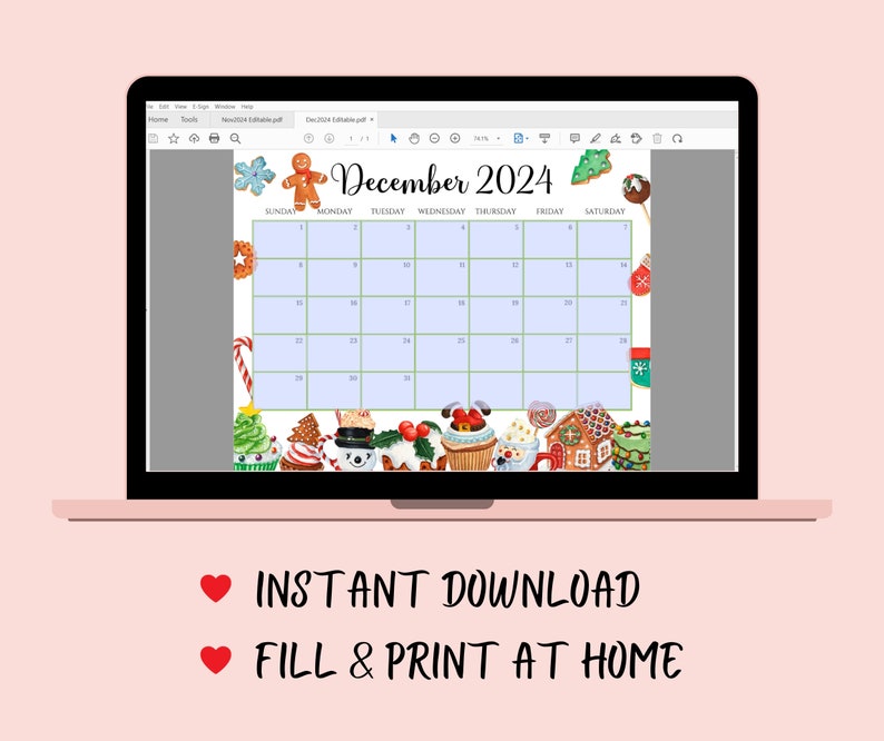 EDITABLE December 2024 Calendar, Colorful Christmas with Sweets & Drinks, Printable Christmas Planner, Kids Schedule, Instant Download image 2