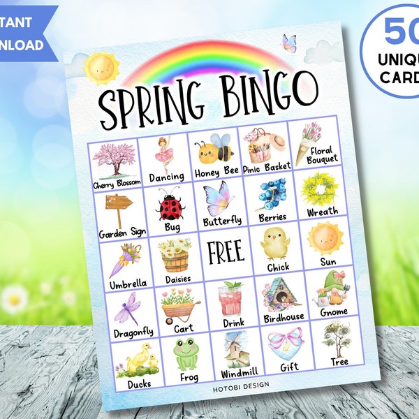Jeu de bingo de printemps imprimable, 50 cartes de bingo uniques avec étiquettes, activité de printemps Bonjour pour les enfants, les adolescents et les adultes, jeux de classe sur le thème du printemps