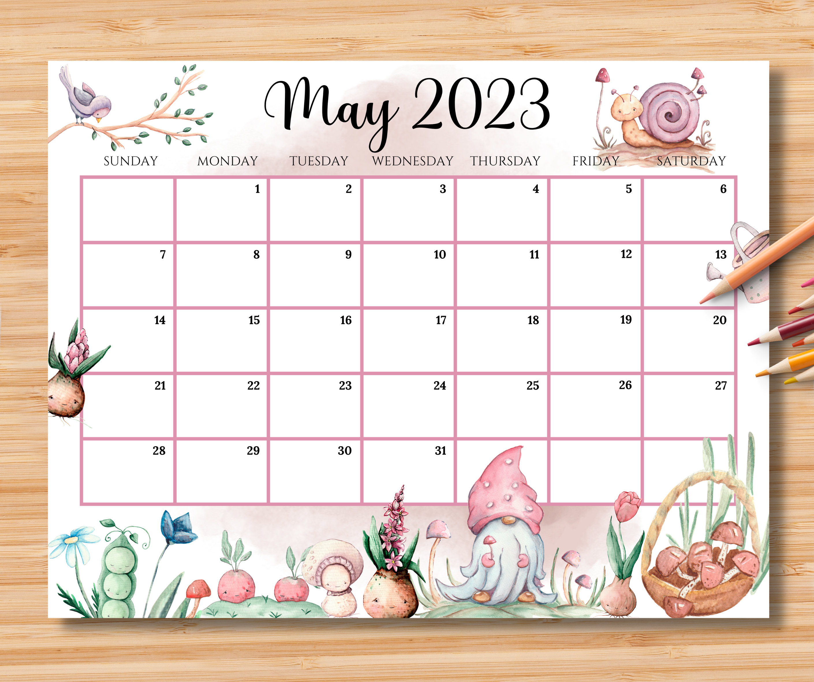 Editable May 2023 Calendar Hello Spring With Cute Gnome And Etsy Hong Kong