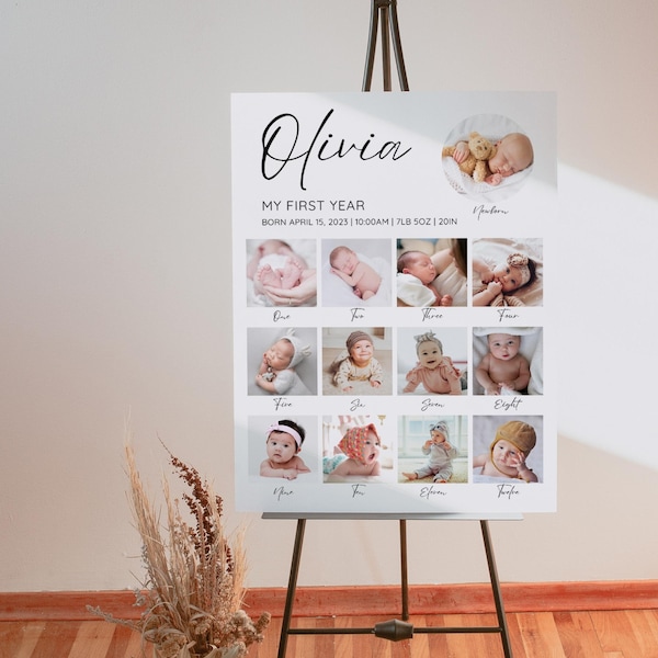 Minimalist Baby's First Year Poster Template, First Birthday Photo Sign, Modern 1st Birthday Photo Collage, Editable Year In Pictures Board