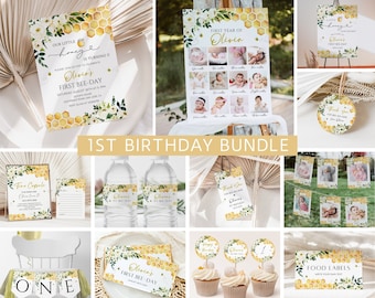 First Bee Day Invitation Bundle, A Little Honey First Birthday Pack, Floral Bee Decor, Birthday Girl, Milestone Photo, Welcome Sign EDITABLE