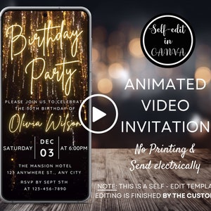 Video Gold Glitter Confetti verjaardagsfeestje uitnodiging, elke leeftijd verjaardagsfeestje uitnodigt voor mannen vrouwen, digitale telefoon uitnodiging, Canva sjabloon