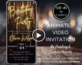 Video Gold Glitter Confetti Birthday Party Invitation, Any Age Birthday Party Invite for Men Women, Digital Phone Invitation, Canva Template