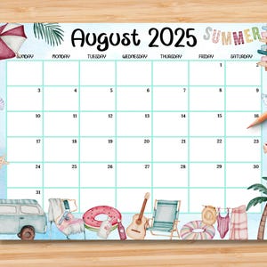 EDITABLE August 2025 Calendar, Relaxing Summer at the Beach with Coconut Tree, Printable Monthly Calendar for Kids School Home Office Work