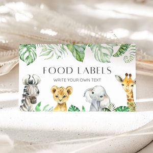 Marque-place modifiable Wild One pour baby shower, étiquette de nourriture pour safari animaux de la jungle safari, carte de tente de buffet, étiquette d'aliment, carte de visite de table non sexiste