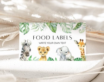 Tarjeta editable Wild One Baby Shower Place, Etiqueta de comida Safari Jungle Animal Safari, Tarjeta de tienda de buffet, Etiqueta de comida, Tarjeta de nombre de mesa Género neutro