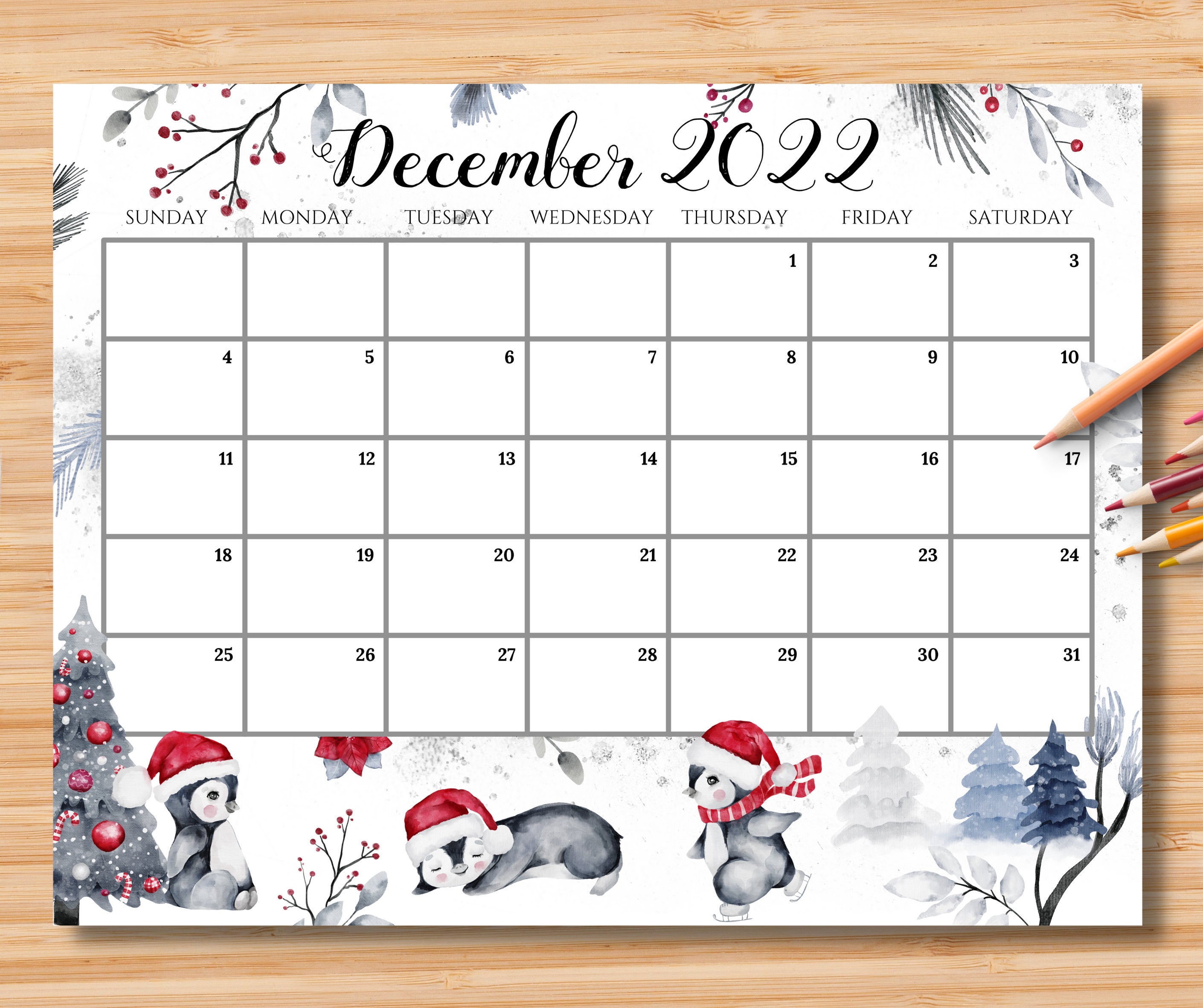 EDITABLE December 2022 Calendar Gorgeous Colorful Christmas 