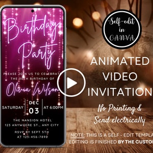 Video Pink Glitter Birthday Party Invitation, Any Age Birthday Party Invite for Women Girls Teens, Digital Phone Invitation, Canva Template