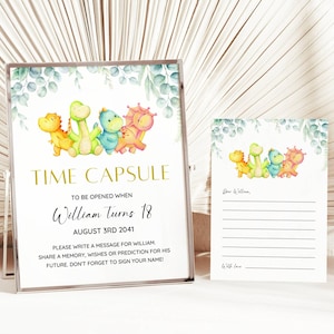 Tijdcapsule dinosaurus bord en kaartsjabloon, tijdcapsule dino eerste verjaardag, dinosaurus Trex één verjaardag, 1e feestvarken, BEWERKBAAR