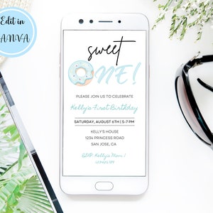 Editable Cute Blue Donut First Birthday Party Invitation, Electronic 1st Birthday Invite, Sweet One Birthday Evite, Editable Template Canva