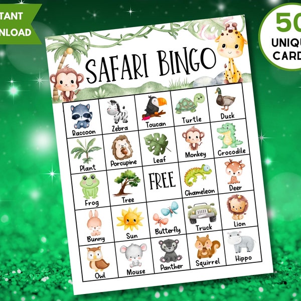 50 Safari Bingo Game Cards, Jungle Baby Shower, Safari Wild Birthday Game, Safari Animal Bingo, Classroom Game & Activity, Instant Download