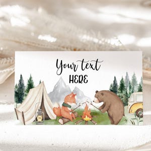 Marque-place premier anniversaire Un campeur heureux, étiquette de nourriture d'anniversaire de camping, carte de tente de buffet de fête de campeur, étiquette de nourriture, carte de nom de table, MODIFIABLE