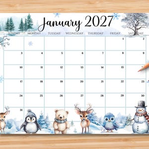 May include: A January 2027 calendar page featuring a winter theme with watercolor illustrations of pine trees, a bare tree, and snowflakes. The bottom border displays a deer, a penguin in a hat, a bear, a fawn, a blue bird, and a snowman.