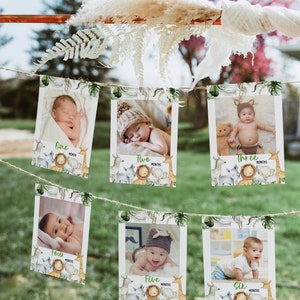 Banner de fotos mensual de safari, fotos del primer año del bebé, banner de hitos, decoraciones de primer cumpleaños de la jungla, banner editable de 12 meses, Wild One