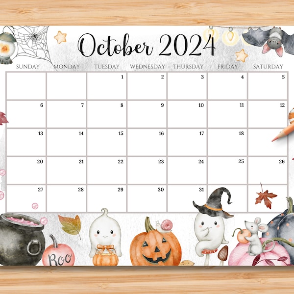 BEARBEITBARER Oktober 2024 Kalender, niedlicher gruseliger Halloween Planer 2024, niedlicher druckbarer bearbeitbarer Kalender Planer für Kinder, Sofortiger Download