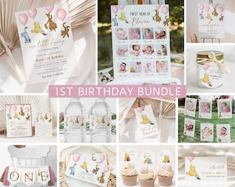 Classic Winnie the Pooh Girl 1st Birthday Bundle, Vintage Pooh 1st Birthday Decor, Pooh 1st Birthday Bundle, Pink Decor Package, Editable