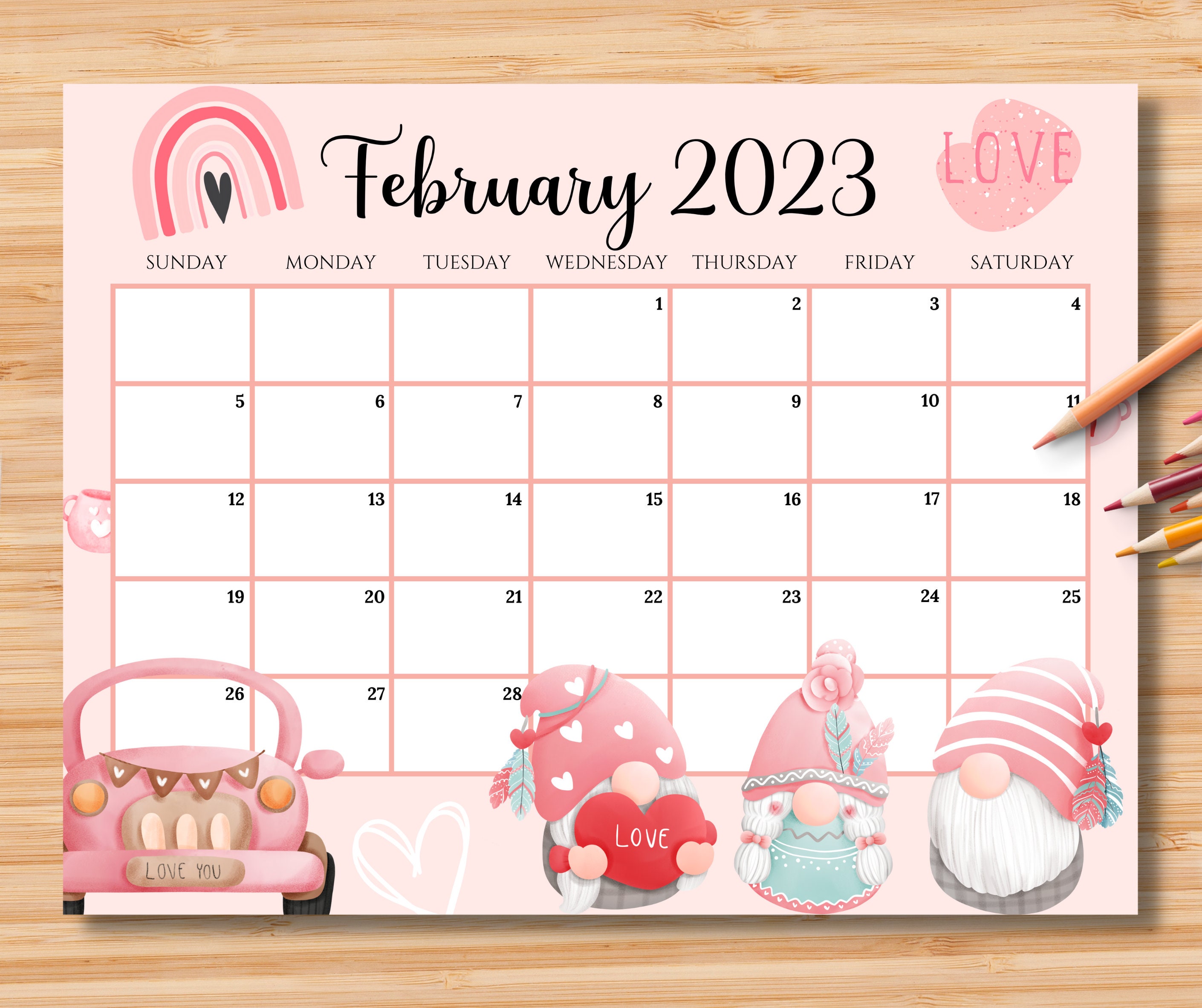 Editable February 2023 Calendar Sweet Valentine With Love Etsy Uk