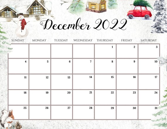 December Christmas Calendar Printable 2022 Editable December 2022 Calendar Beautiful White Christmas | Etsy Canada