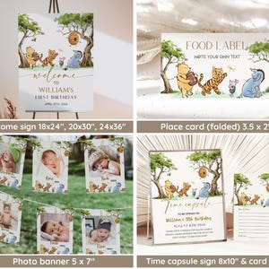 May include: Winnie the Pooh themed party decorations, including a welcome sign, place cards, a photo banner, and a time capsule sign with a card. The decorations feature Winnie the Pooh, Piglet, Tigger, and Eeyore.