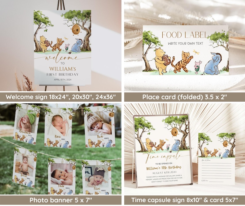May include: Winnie the Pooh themed party decorations, including a welcome sign, place cards, a photo banner, and a time capsule sign with a card. The decorations feature Winnie the Pooh, Piglet, Tigger, and Eeyore.