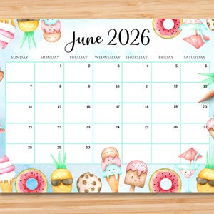 May include: A watercolor-style June 2026 calendar with a light blue background and decorative illustrations of ice cream, donuts, and pineapples. The calendar grid is light blue with black numbers and dates.