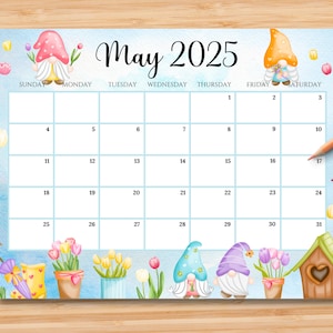 Editable May 2025 Calendar, Hello Spring With Cute Gnomes & Flowers ...