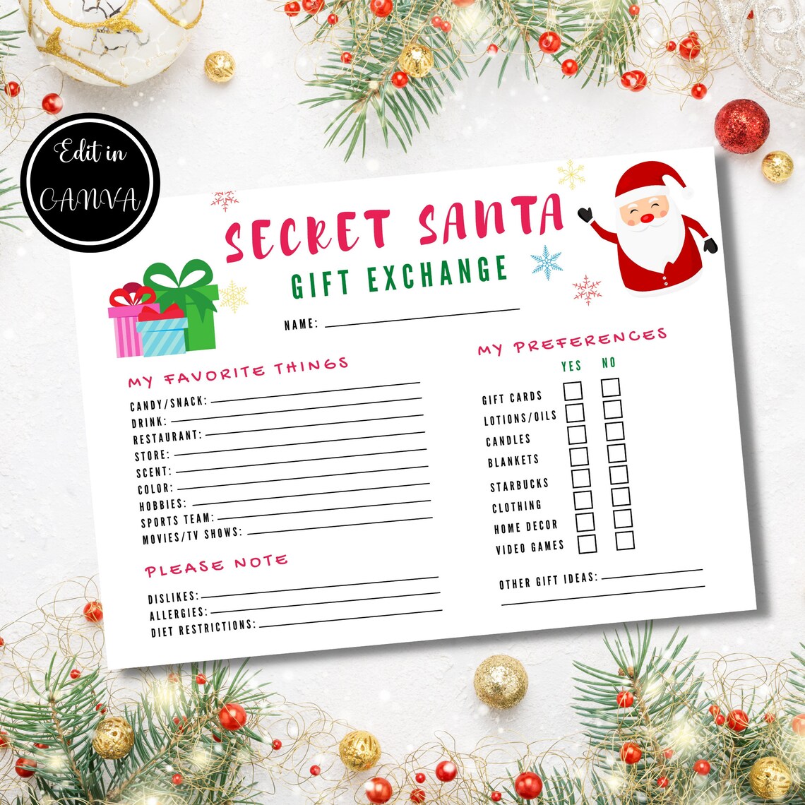 Editable Secret Santa Questionnaire Secret Santa Form Secret - Etsy