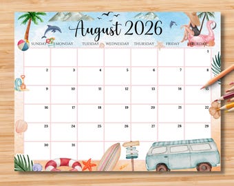 Calendrier d'août 2026 modifiable, PDF imprimable, format lettre pour enfants, école, travail, bureau, maison, téléchargement immédiat