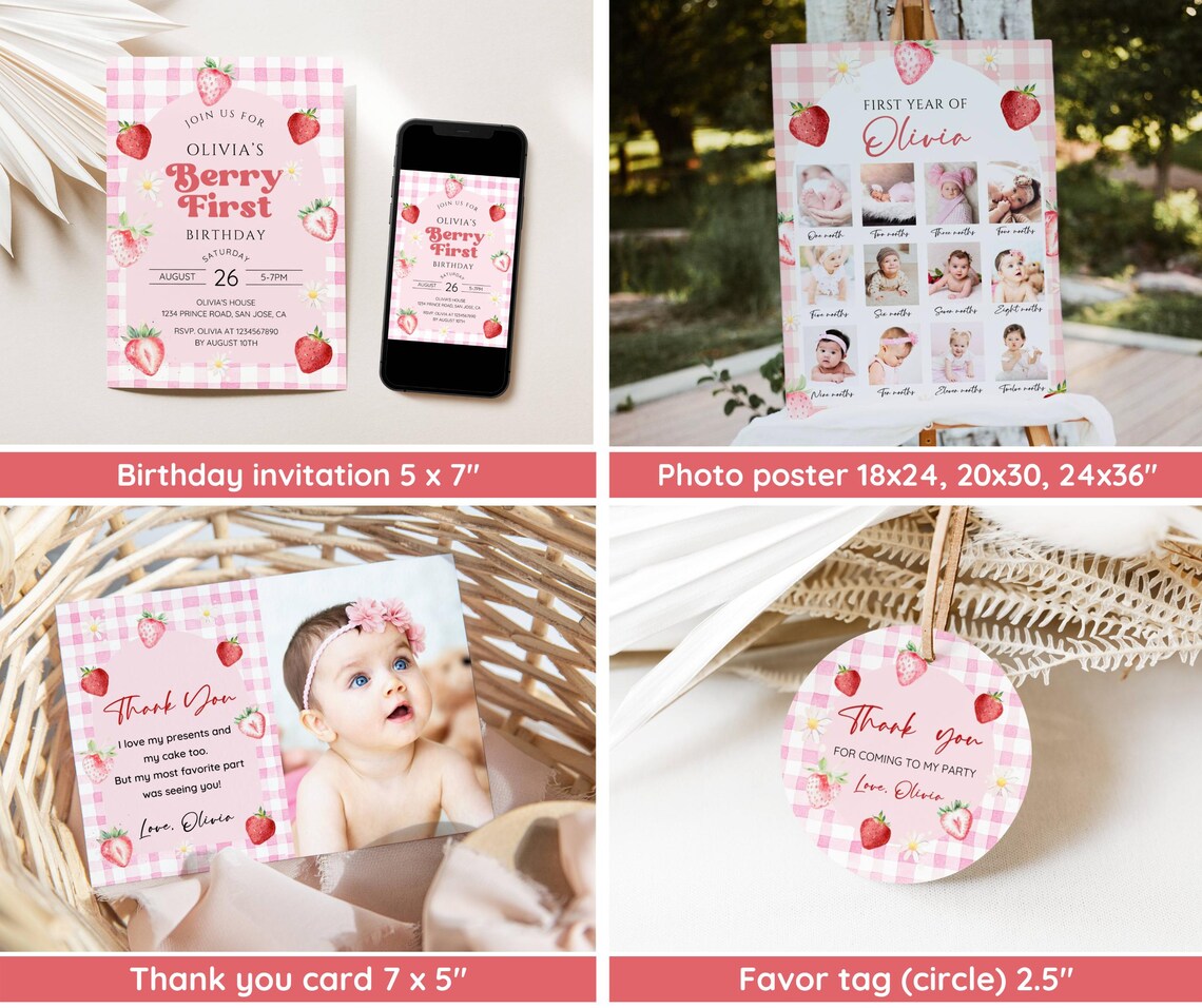 Pink Gingham Berry First Birthday Invitation Bundle, Strawberry 1st ...