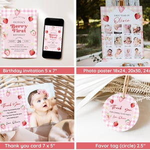 Pink Gingham Berry First Birthday Invitation Bundle, Strawberry 1st ...