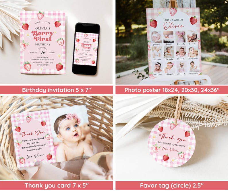Pink Gingham Berry First Birthday Invitation Bundle, Strawberry 1st ...