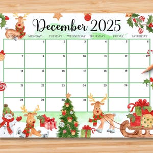 EDITABLE December 2025 Calendar, Colorful Christmas with Cute Reindeers, Printable Monthly Planner for Kids, School, Home, Office & Work