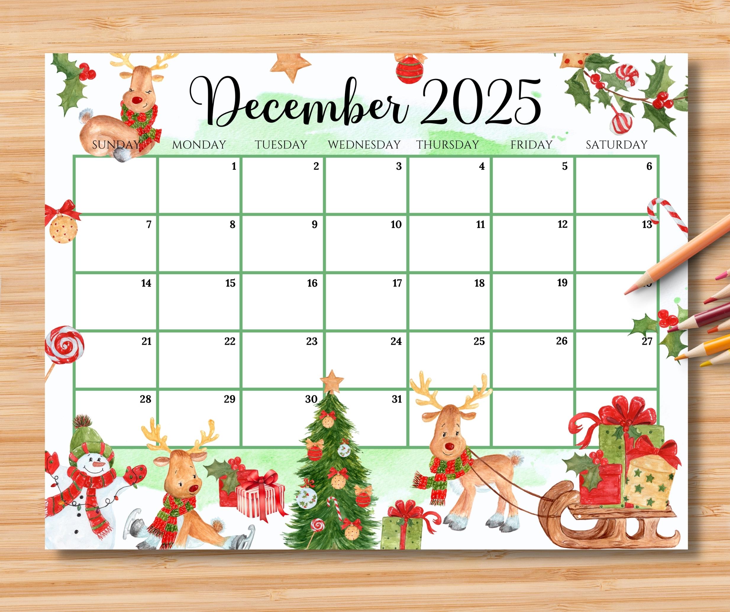 EDITABLE December 2025 Calendar, Colorful Christmas with Cute Reindeers, Printable Monthly Planner for Kids, School, Home, Office & Work