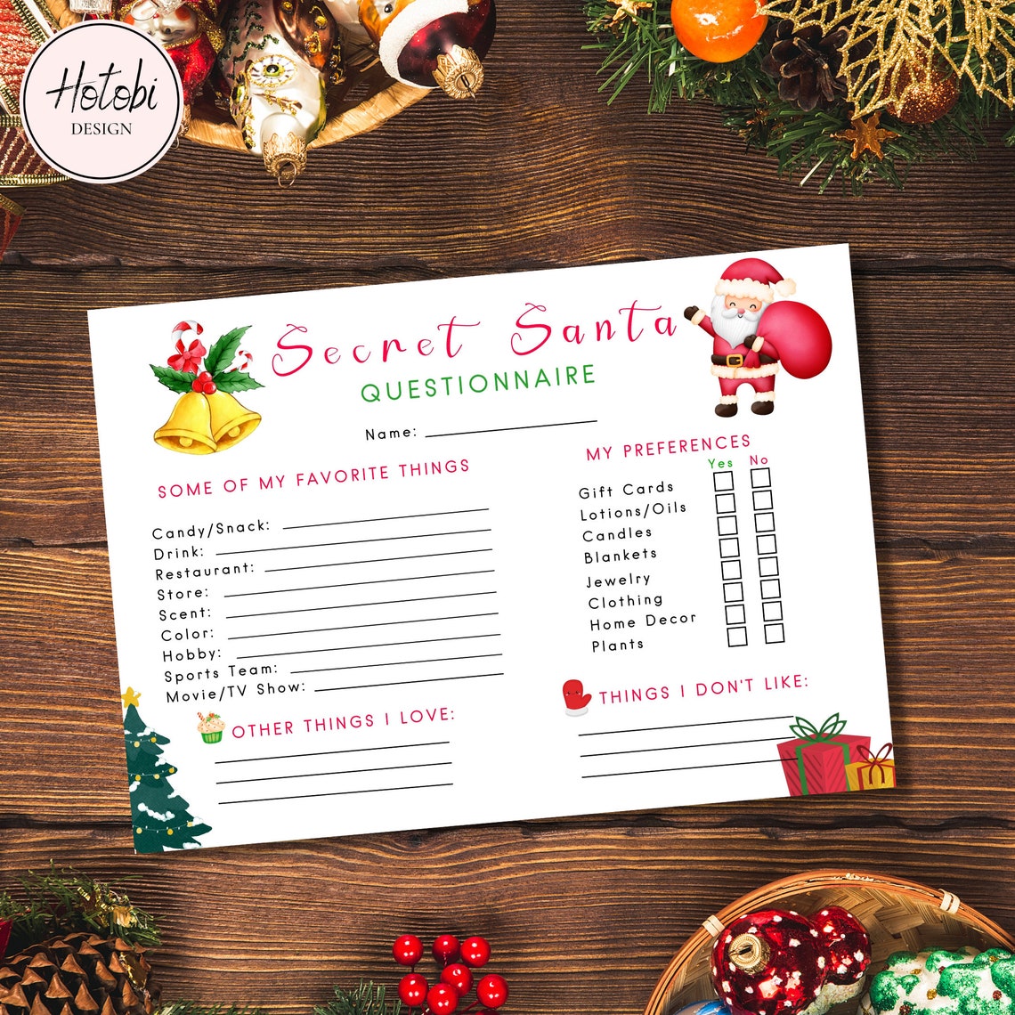 Secret Santa Questionnaire Printable Secret Santa Form Secret - Etsy